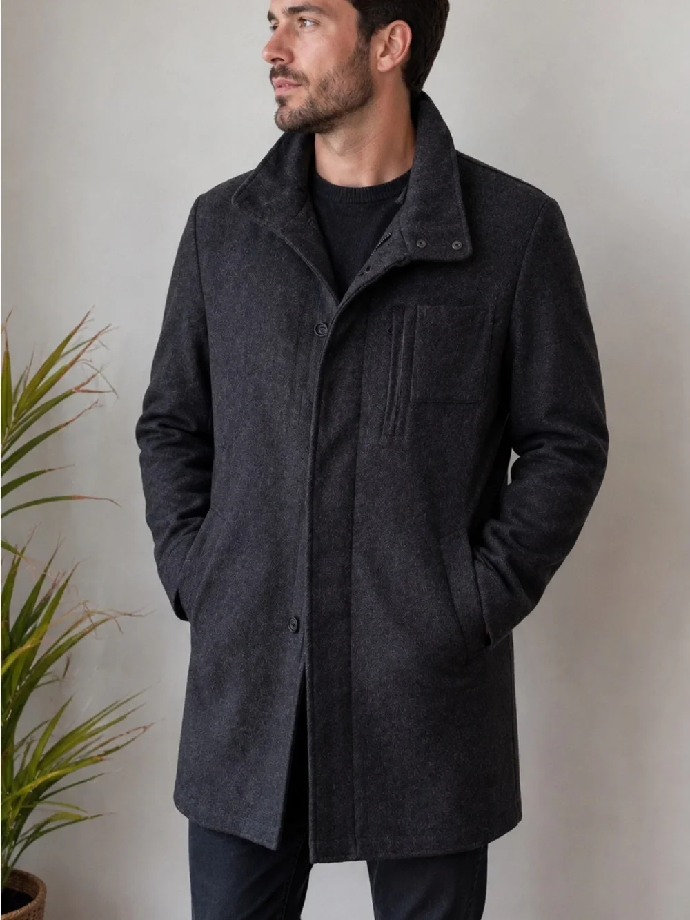 Zara Men's Dark Charcoal Wool Pea Coat - Picture 1 of 12